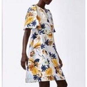 Chico's Sz L 100% Linen Mini Dress Vacation Beach Resort Blue Yellow Floral